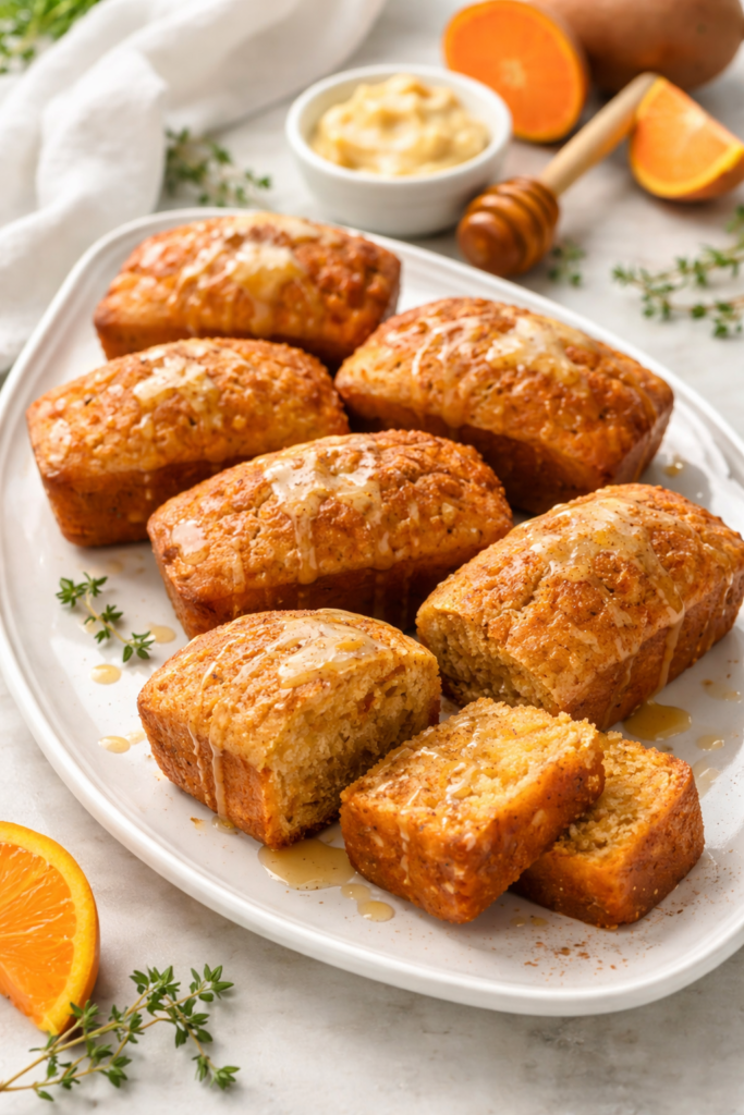 mini sweet potato cornbread loaves drizzled with honey glaze on a serving plate