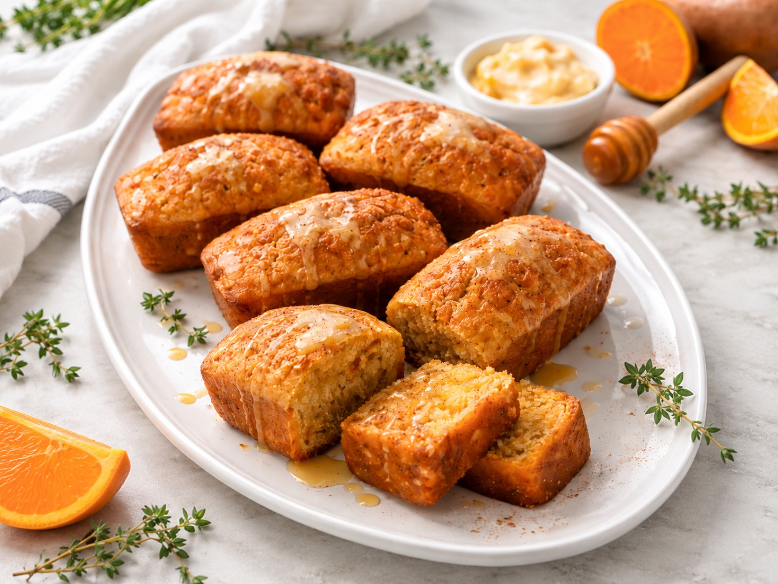 Sweet potato cornbread mini loaves with orange, honey butter, and fresh herbs
