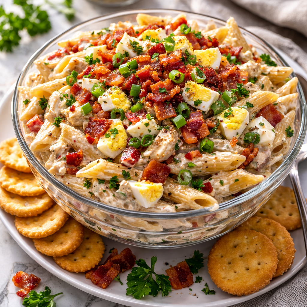 chicken bacon ranch pasta salad with chopped eggs, green onions, and creamy dressing