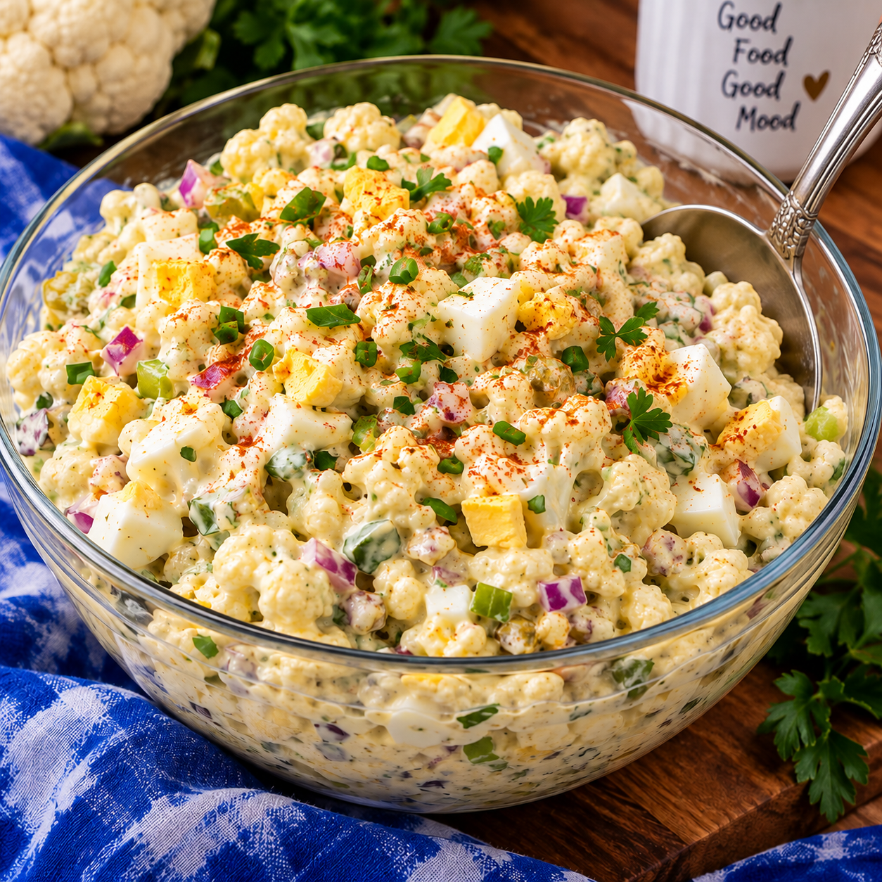 cauliflower potato salad with eggs, herbs, and creamy dressing in a glass bowl