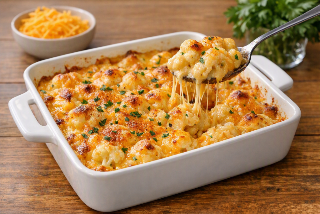 Baked cauliflower no mac and cheese with melted golden cheese