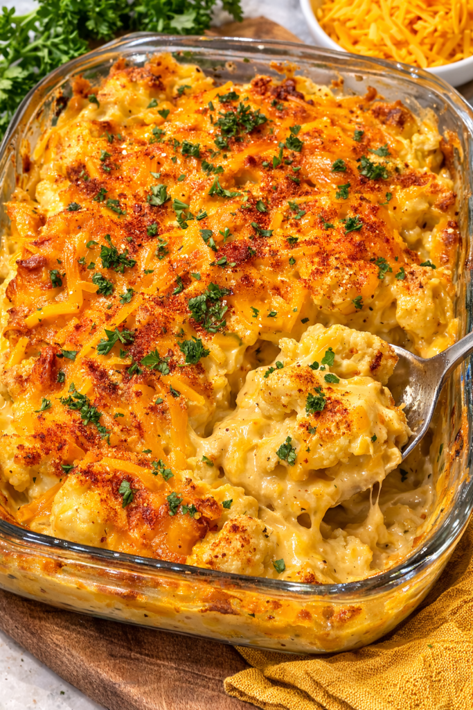 baked cauliflower mac and cheese with melted cheddar and herbs in a casserole dish