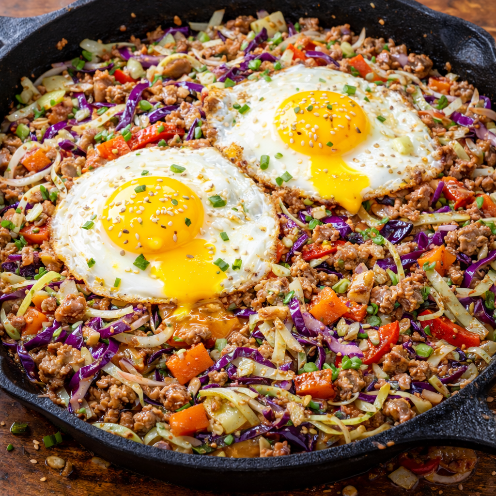 egg roll skillet with ground meat, cabbage, vegetables, and fried eggs on top