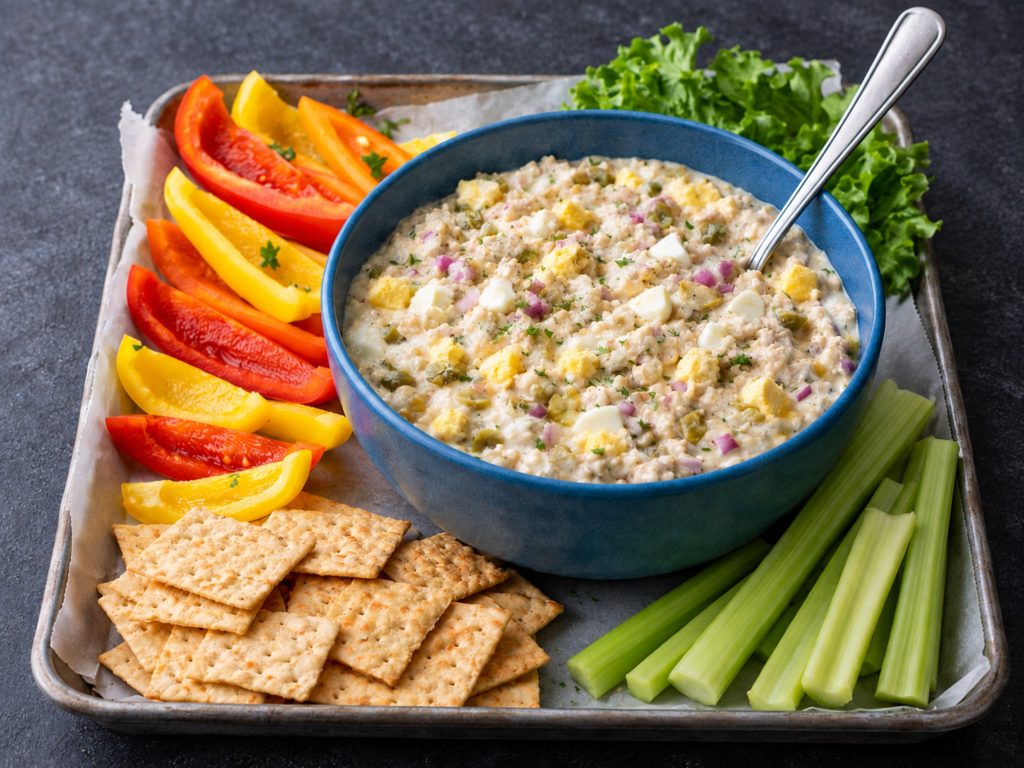 creamy tuna power bowl with cottage cheese, chopped vegetables, crackers, and fresh herbs