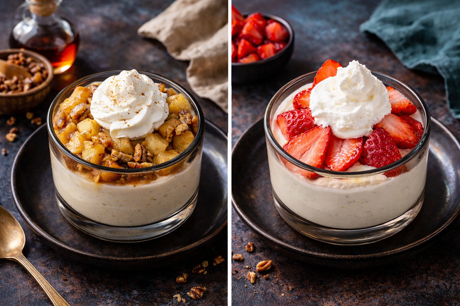 High-protein no-bake cheesecake cups topped with apples and strawberries