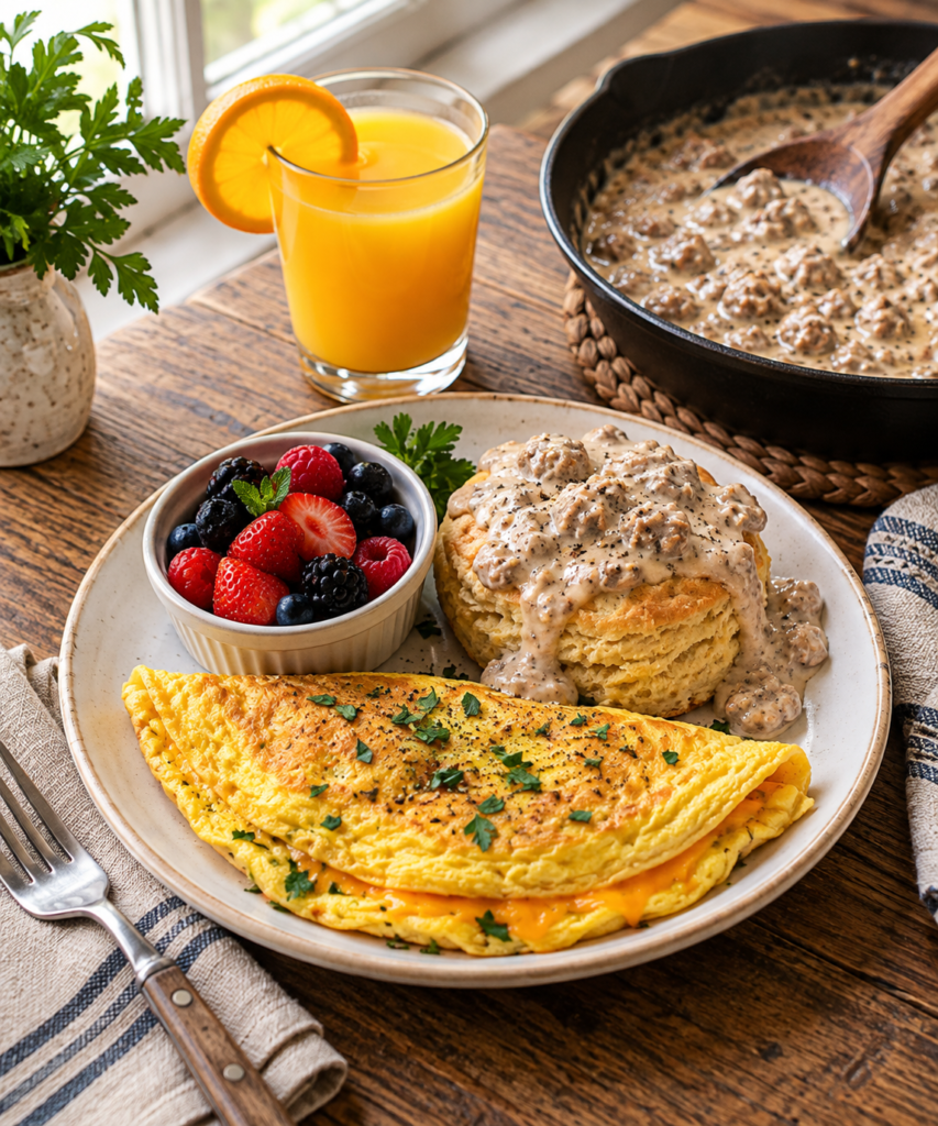 Keto sausage gravy with omelet, biscuit, berries and orange juice