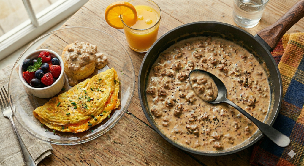 Savory keto sausage gravy in a skillet served with breakfast sides