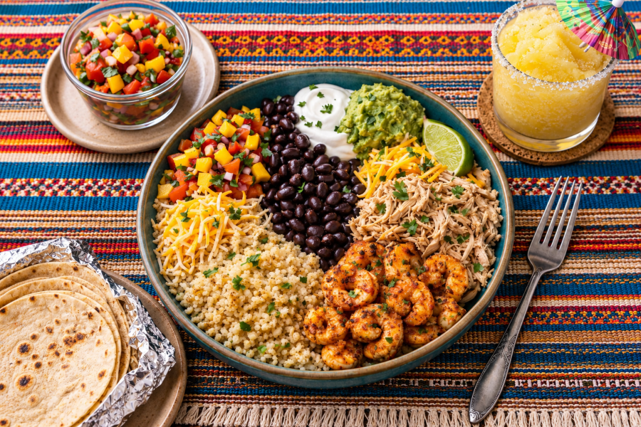 Mexican cauliflower rice bowl with black beans, Pico de Gallo, shredded chicken, and mango drink
