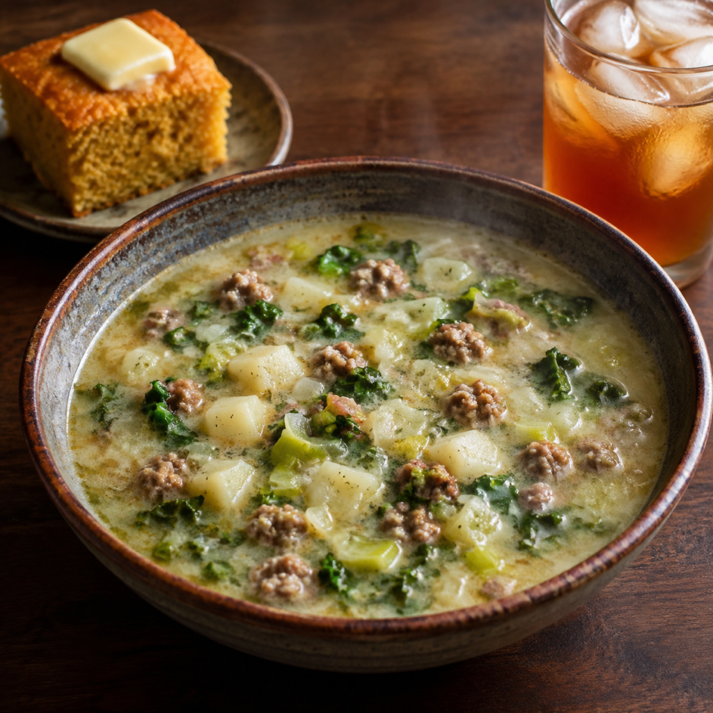 Potato leek sausage and kale soup with diced potatoes, kale, ground sausage, sweet potato cornbread and an Arnold Palmer