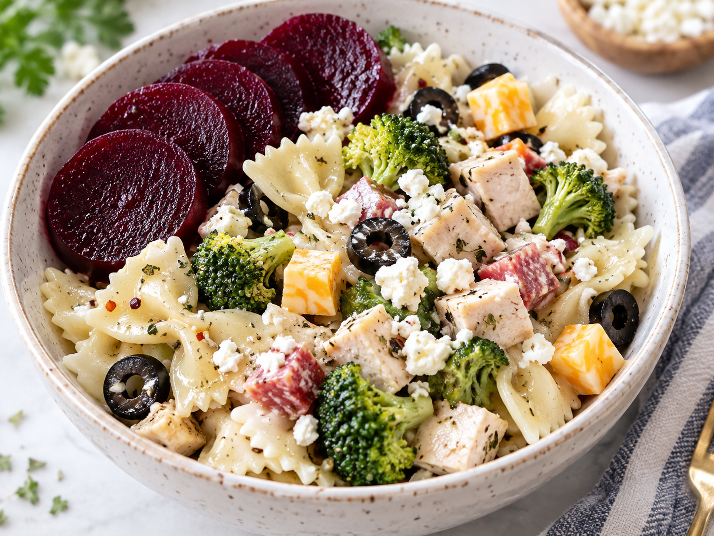 Greek pasta salad with bow-tie pasta, chicken, broccoli, black olives, feta, Colby Jack cheese and sliced beets